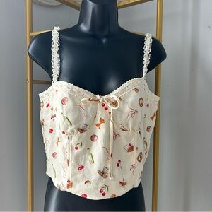 Thirty/Thirty LA vintage vibes fun foods print smocked back lace straps tops XL